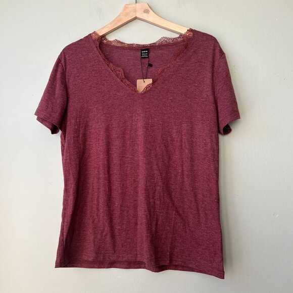 Shein Womens Lace Trim V-Neck‎ Short Sleeve Top M Red - Picture 1 of 2